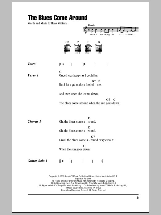 Hank Williams The Blues Come Around Sheet Music Notes & Chords for Lyrics & Chords - Download or Print PDF