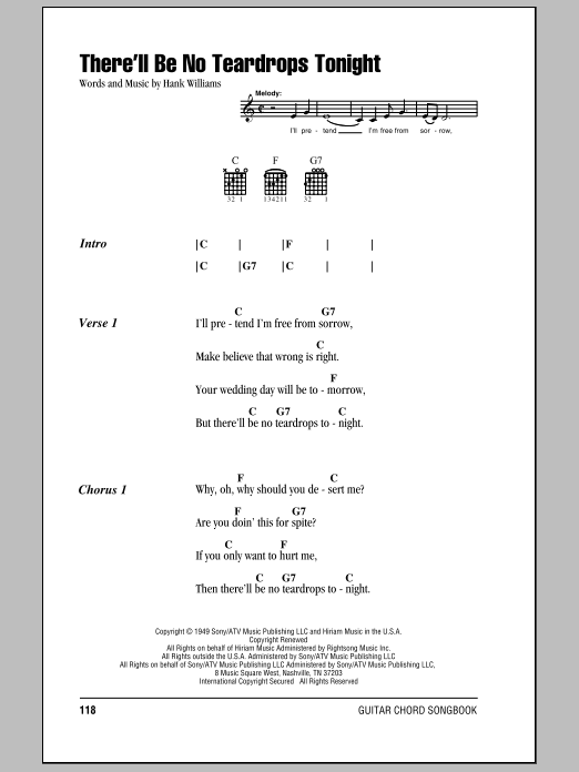 Hank Williams There'll Be No Teardrops Tonight Sheet Music Notes & Chords for Lyrics & Chords - Download or Print PDF