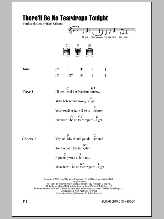 Hank Williams There'll Be No Teardrops Tonight Sheet Music Notes & Chords for Piano, Vocal & Guitar (Right-Hand Melody) - Download or Print PDF