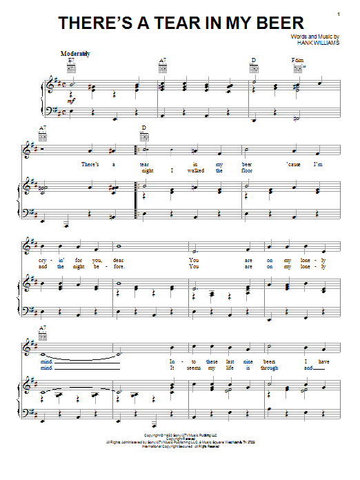 Hank Williams There's A Tear In My Beer Sheet Music Notes & Chords for Piano, Vocal & Guitar (Right-Hand Melody) - Download or Print PDF