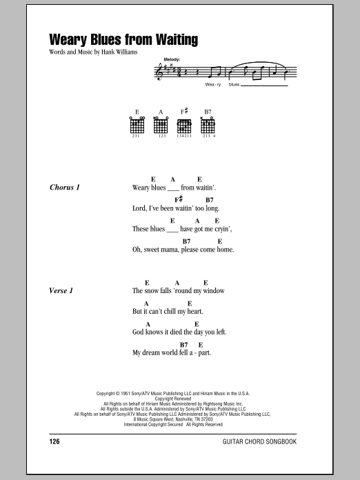 Hank Williams Weary Blues From Waiting Sheet Music Notes & Chords for Lyrics & Chords - Download or Print PDF