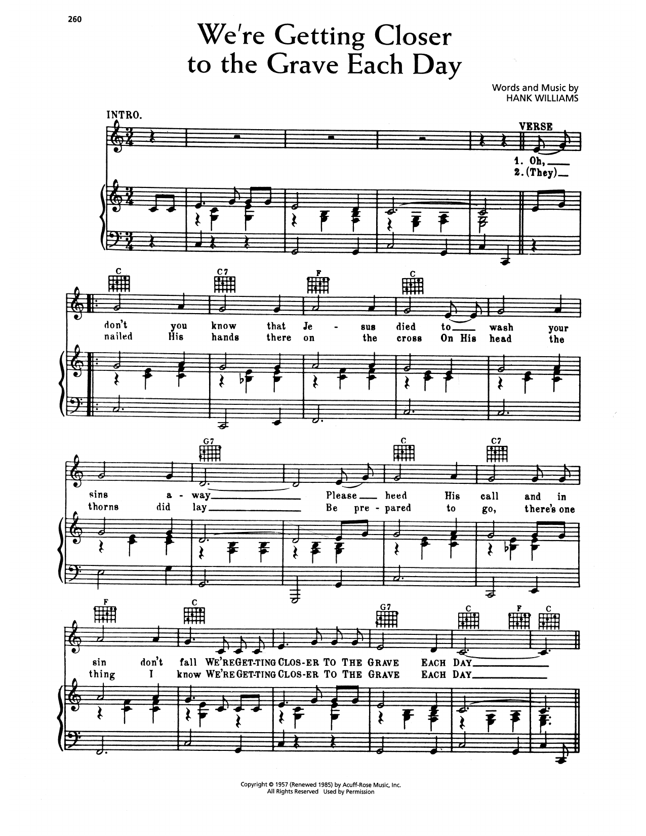Hank Williams We're Getting Closer To The Grave Each Day Sheet Music Notes & Chords for Piano, Vocal & Guitar Chords (Right-Hand Melody) - Download or Print PDF