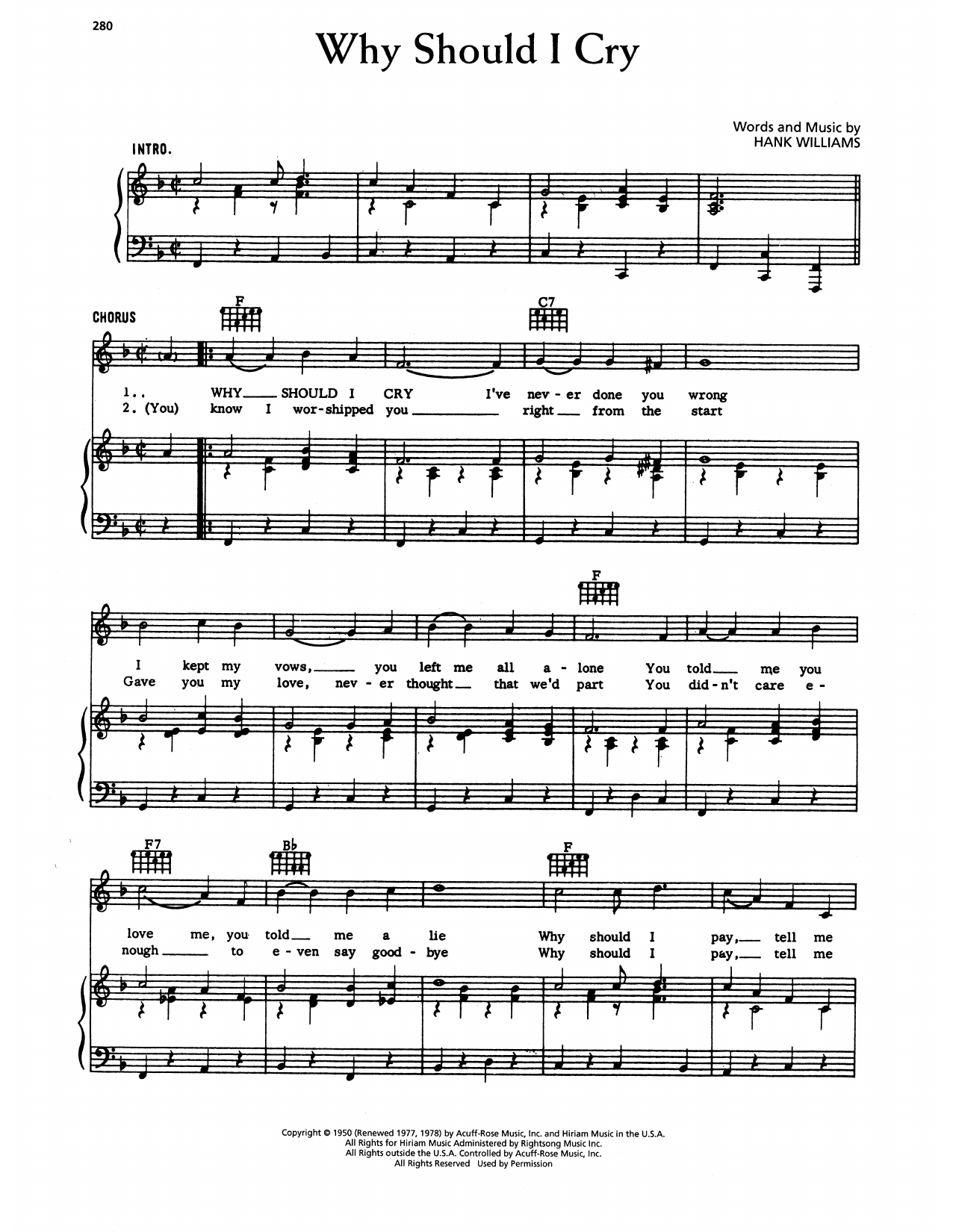 Hank Williams Why Should I Cry Sheet Music Notes & Chords for Piano, Vocal & Guitar Chords (Right-Hand Melody) - Download or Print PDF