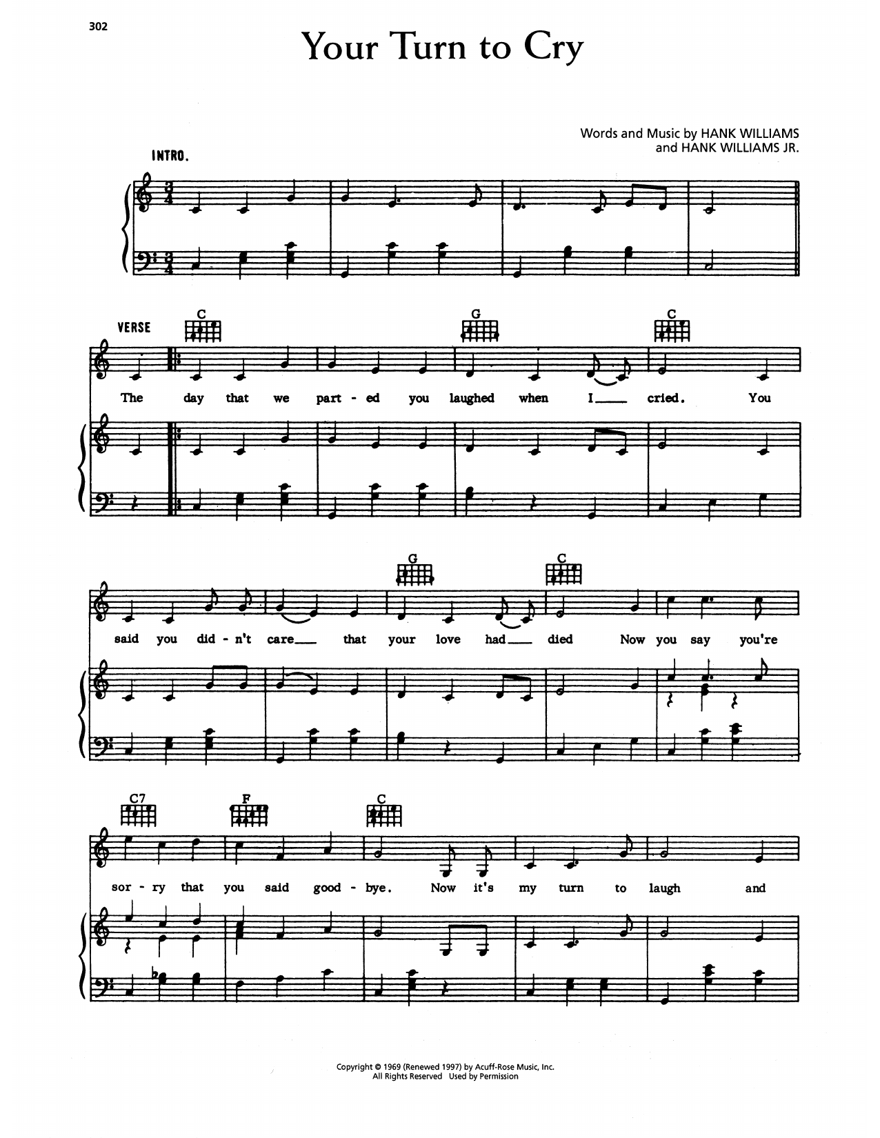 Hank Williams Your Turn To Cry Sheet Music Notes & Chords for Piano, Vocal & Guitar Chords (Right-Hand Melody) - Download or Print PDF
