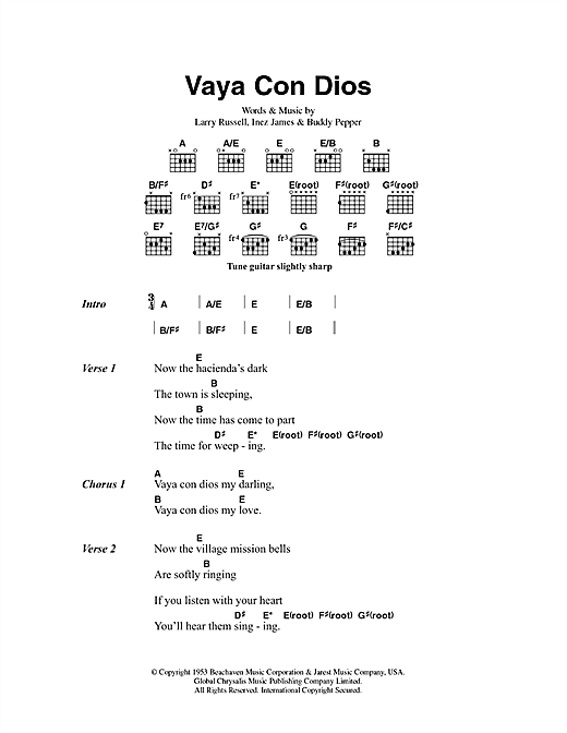 Hank Snow Vaya Con Dios Sheet Music Notes & Chords for Lyrics & Chords - Download or Print PDF