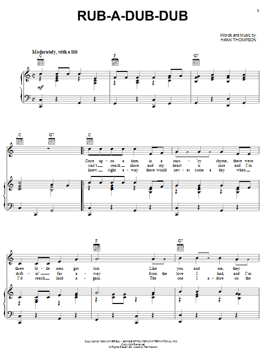 Preview Hank Thompson Rub-a-dub-dub Pop sheet music, notes and chords for Piano, Vocal & Guitar (Right-Hand Melody), SKU: 53667 Rub-a-dub-dub sheet music