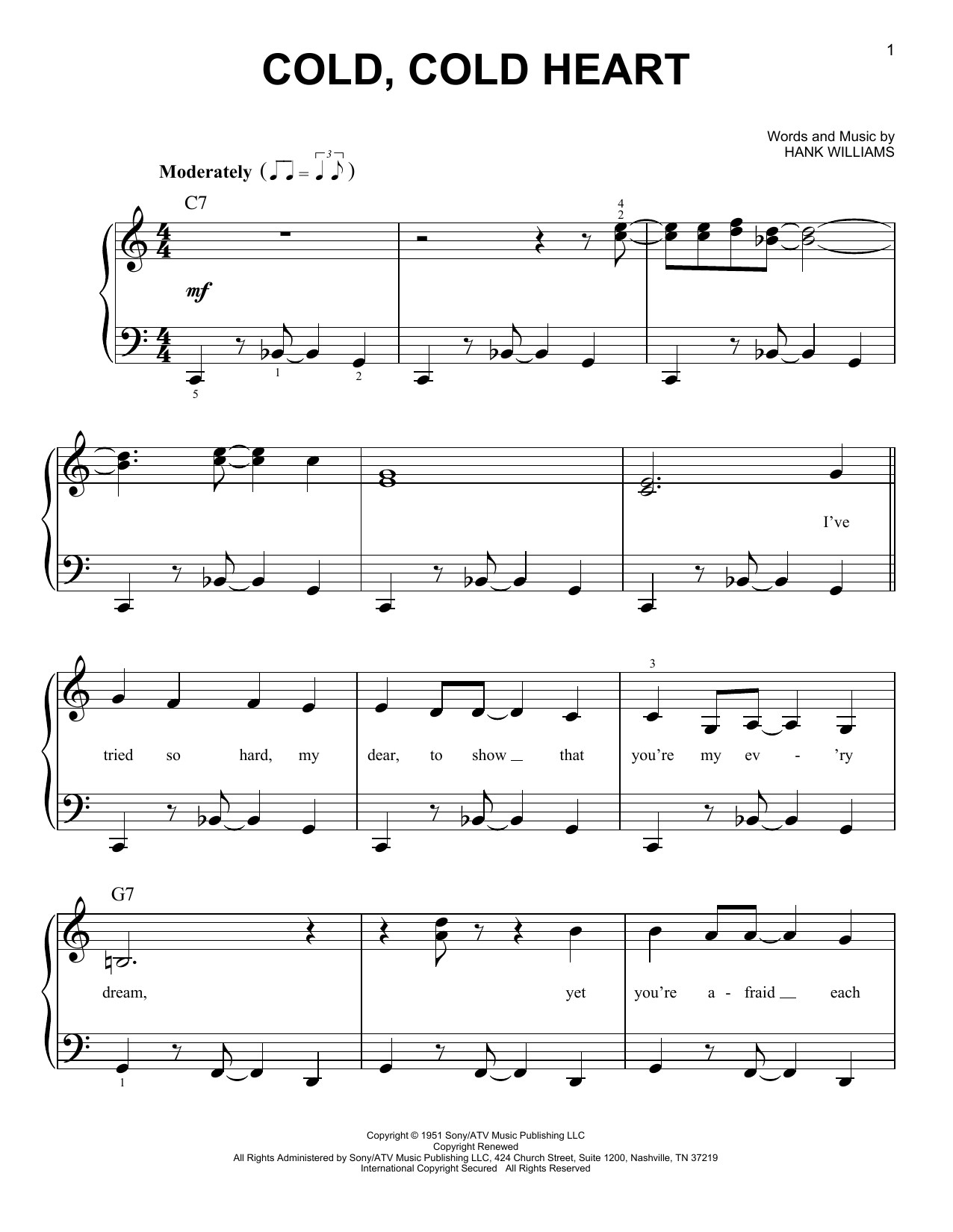 Preview Hank Williams Cold, Cold Heart Pop sheet music, notes and chords for Easy Piano, SKU: 23217 sheet music, piano notes, chords, guitar tabs, score, transpose, transcribe, how to play, guide, download, learn, tutorial, progression, song, artist, awards, billboard, mtv, vh1, tour, single, album, release