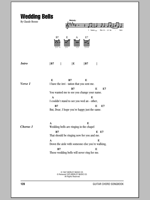 Preview Hank Williams Wedding Bells Country sheet music, notes and chords for Lyrics & Chords, SKU: 78912 Wedding Bells sheet music