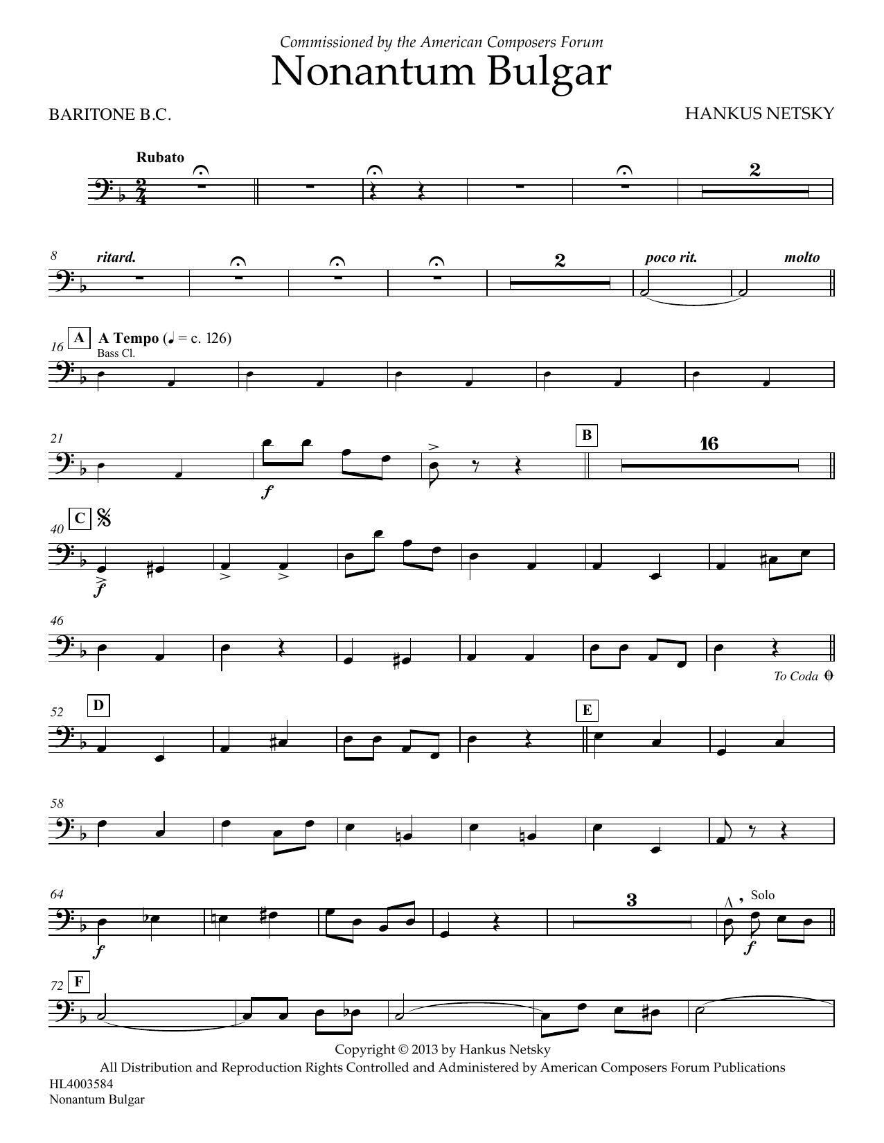 Hankus Netsky Nonantum Bulgar - Baritone B.C. Sheet Music Notes & Chords for Concert Band - Download or Print PDF