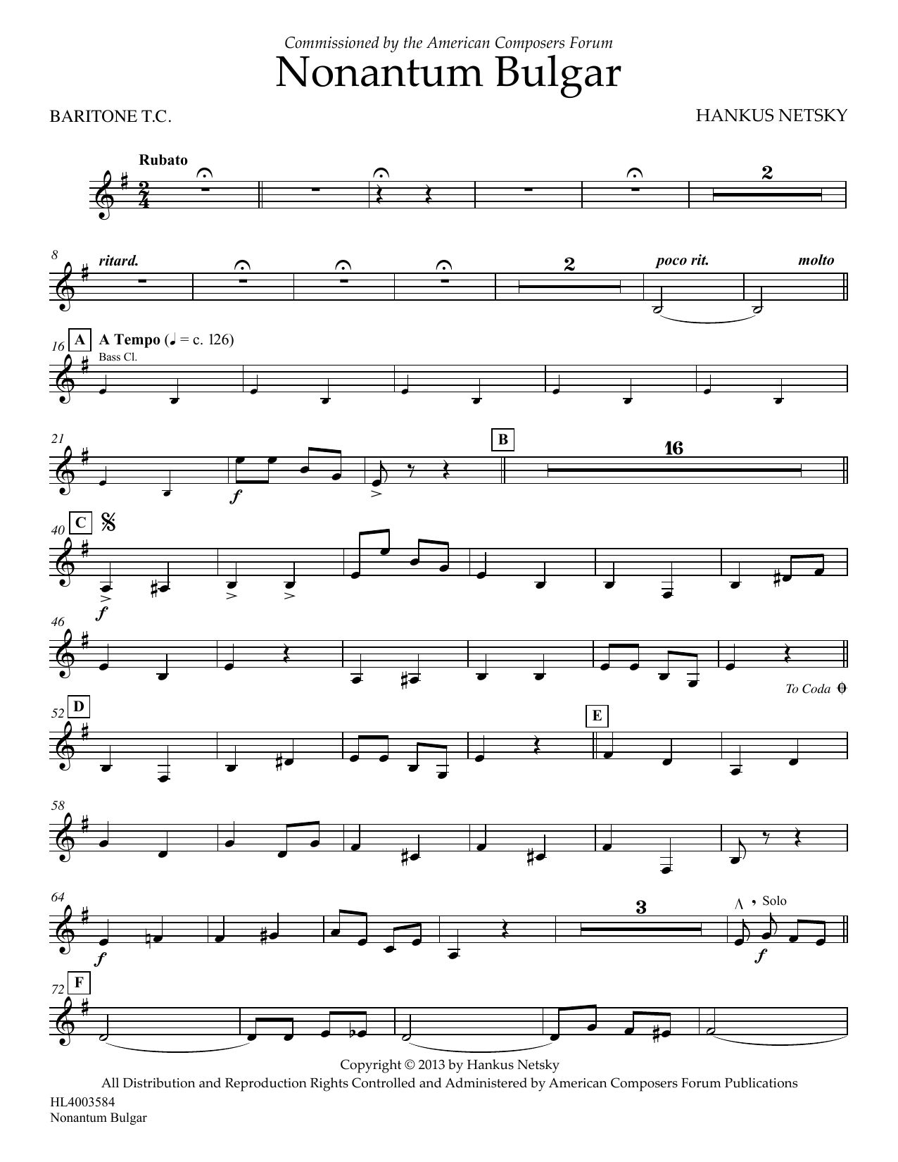 Hankus Netsky Nonantum Bulgar - Baritone T.C. Sheet Music Notes & Chords for Concert Band - Download or Print PDF