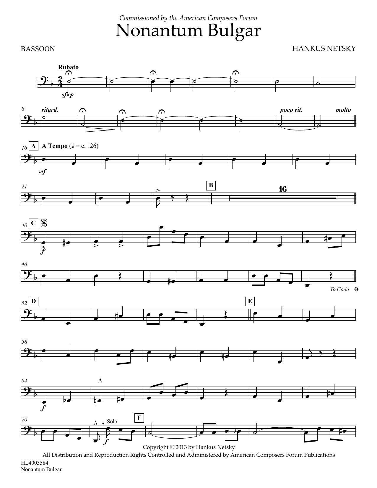 Hankus Netsky Nonantum Bulgar - Bassoon Sheet Music Notes & Chords for Concert Band - Download or Print PDF