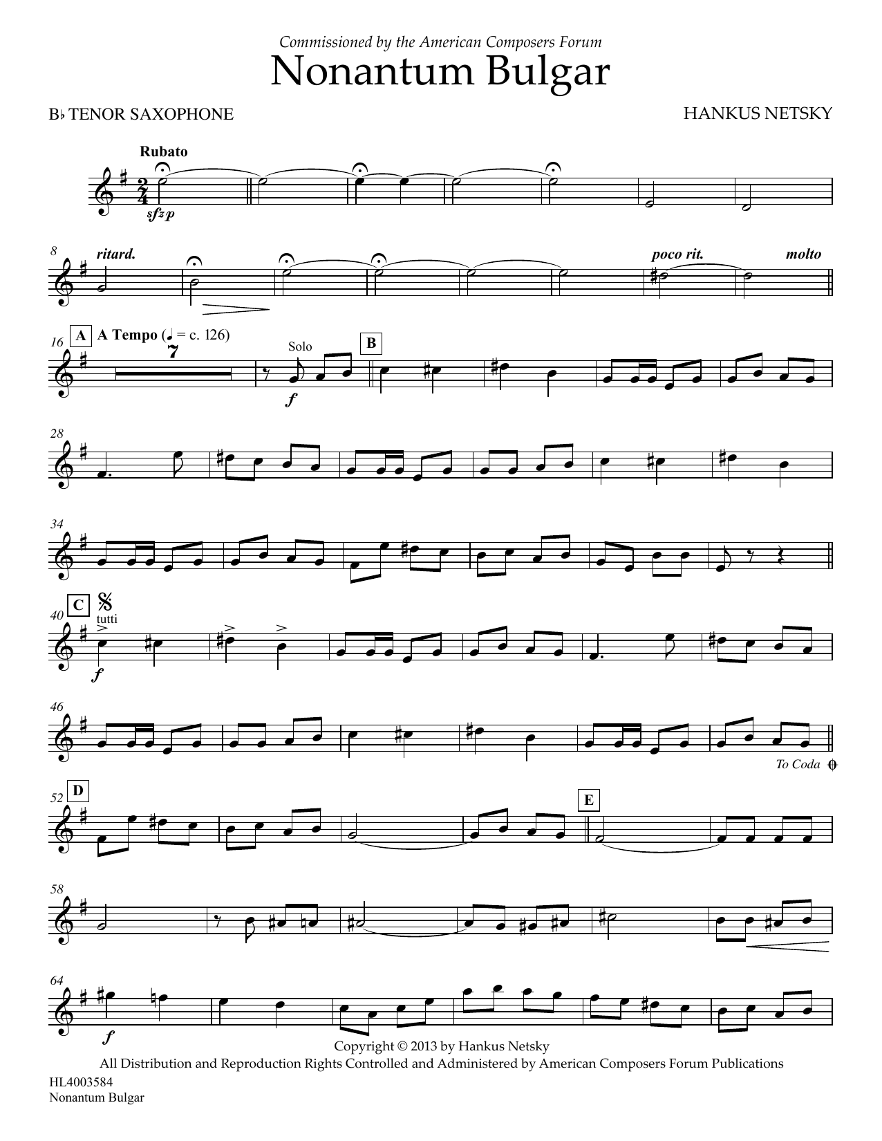 Hankus Netsky Nonantum Bulgar - Bb Tenor Saxophone Sheet Music Notes & Chords for Concert Band - Download or Print PDF Hankus Netsky Nonantum Bulgar - Bb Tenor Saxophone Sheet Music Notes & Chords for Concert Band - Download or Print PDF
