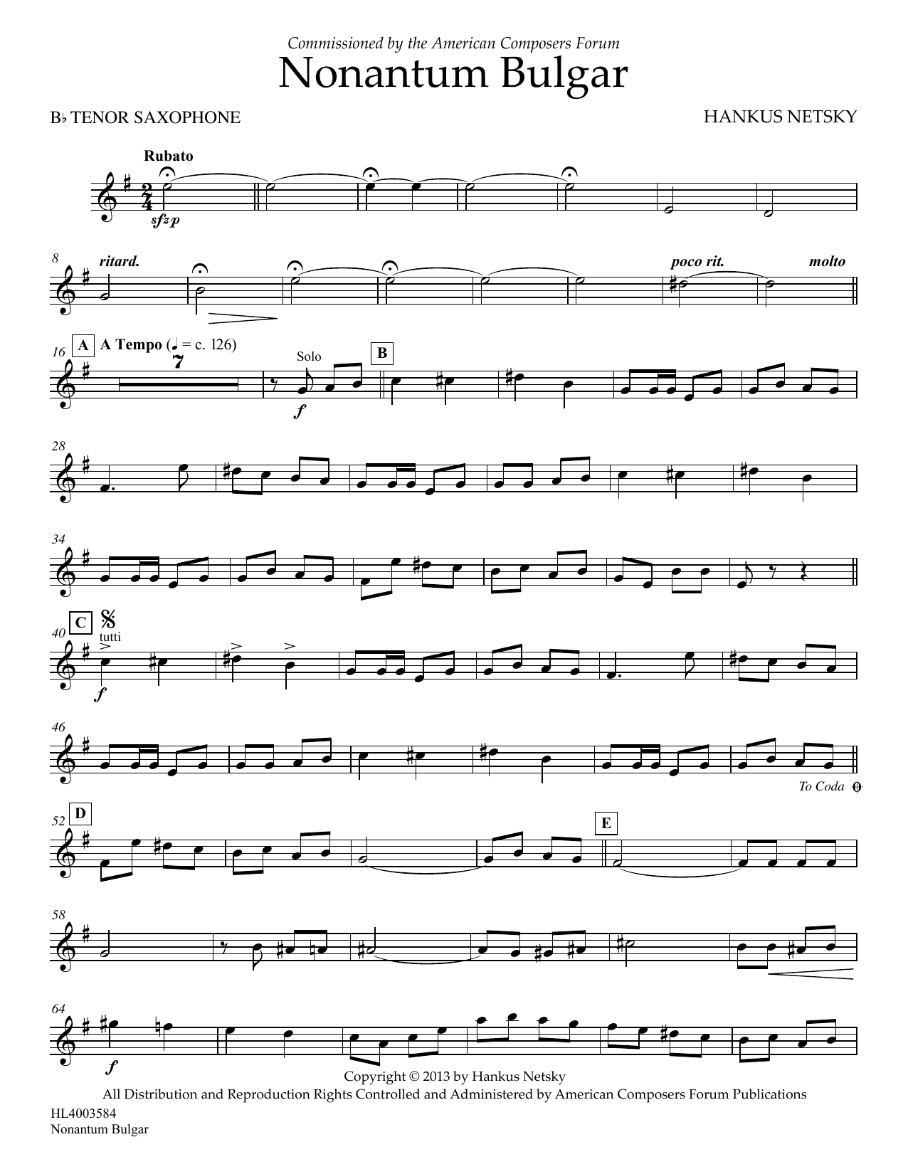 Hankus Netsky Nonantum Bulgar - Bb Tenor Saxophone Sheet Music Notes & Chords for Concert Band - Download or Print PDF