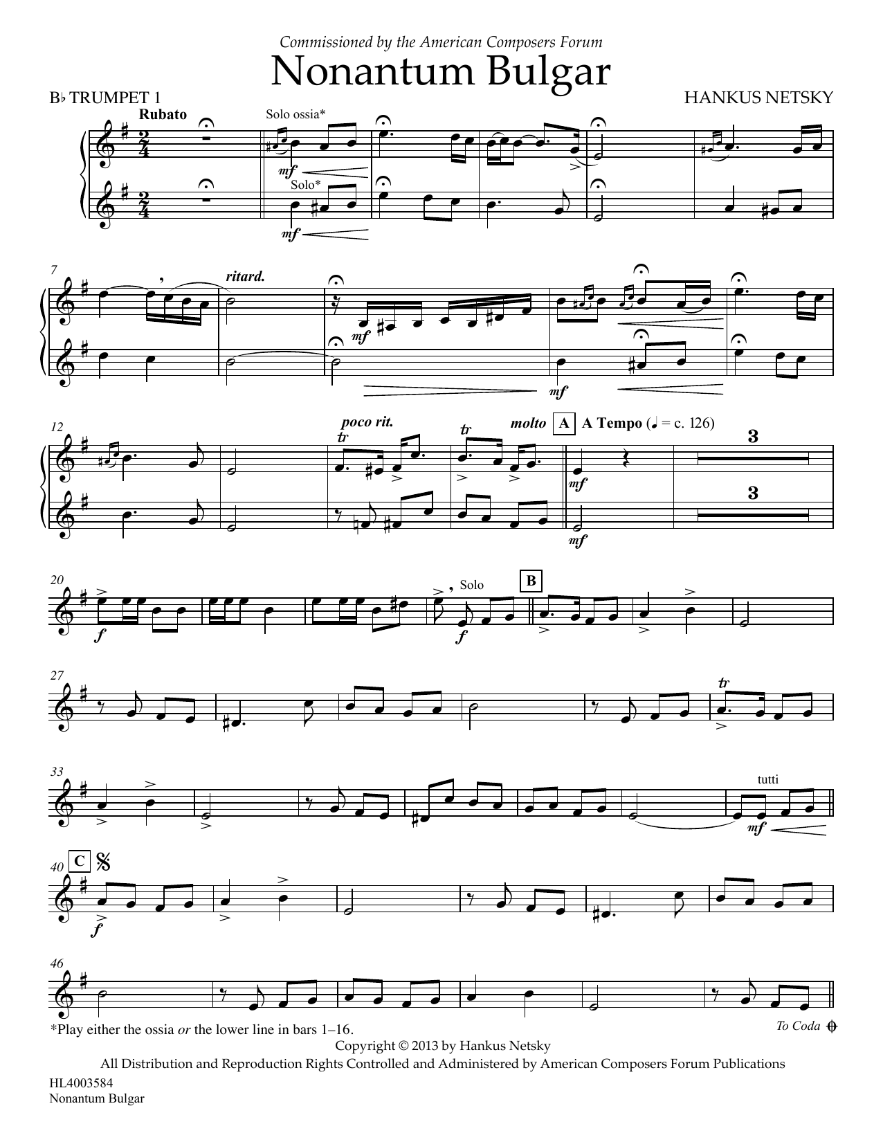 Hankus Netsky Nonantum Bulgar - Bb Trumpet 1 Sheet Music Notes & Chords for Concert Band - Download or Print PDF