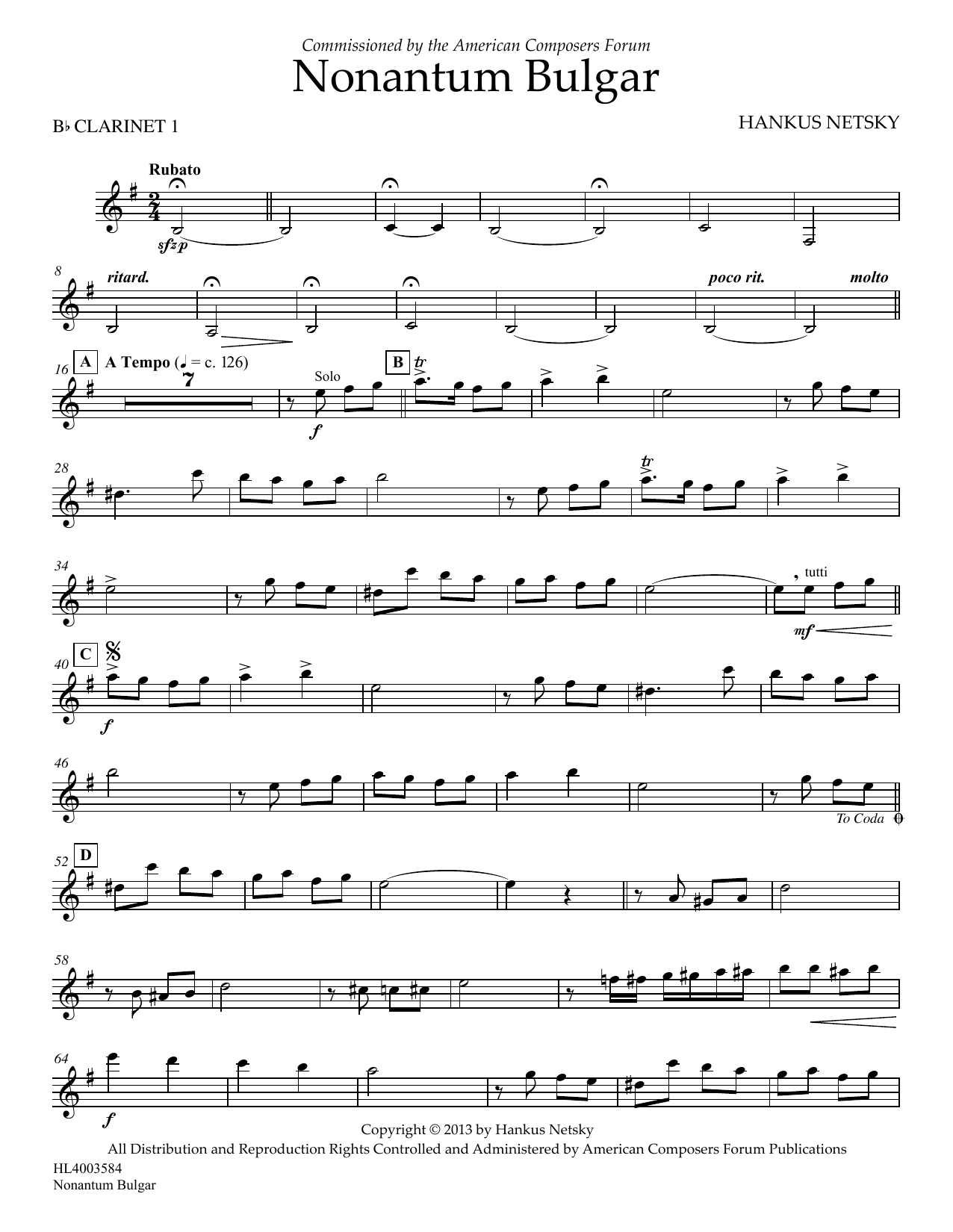 Hankus Netsky Nonantum Bulgar - Clarinet 1 Sheet Music Notes & Chords for Concert Band - Download or Print PDF