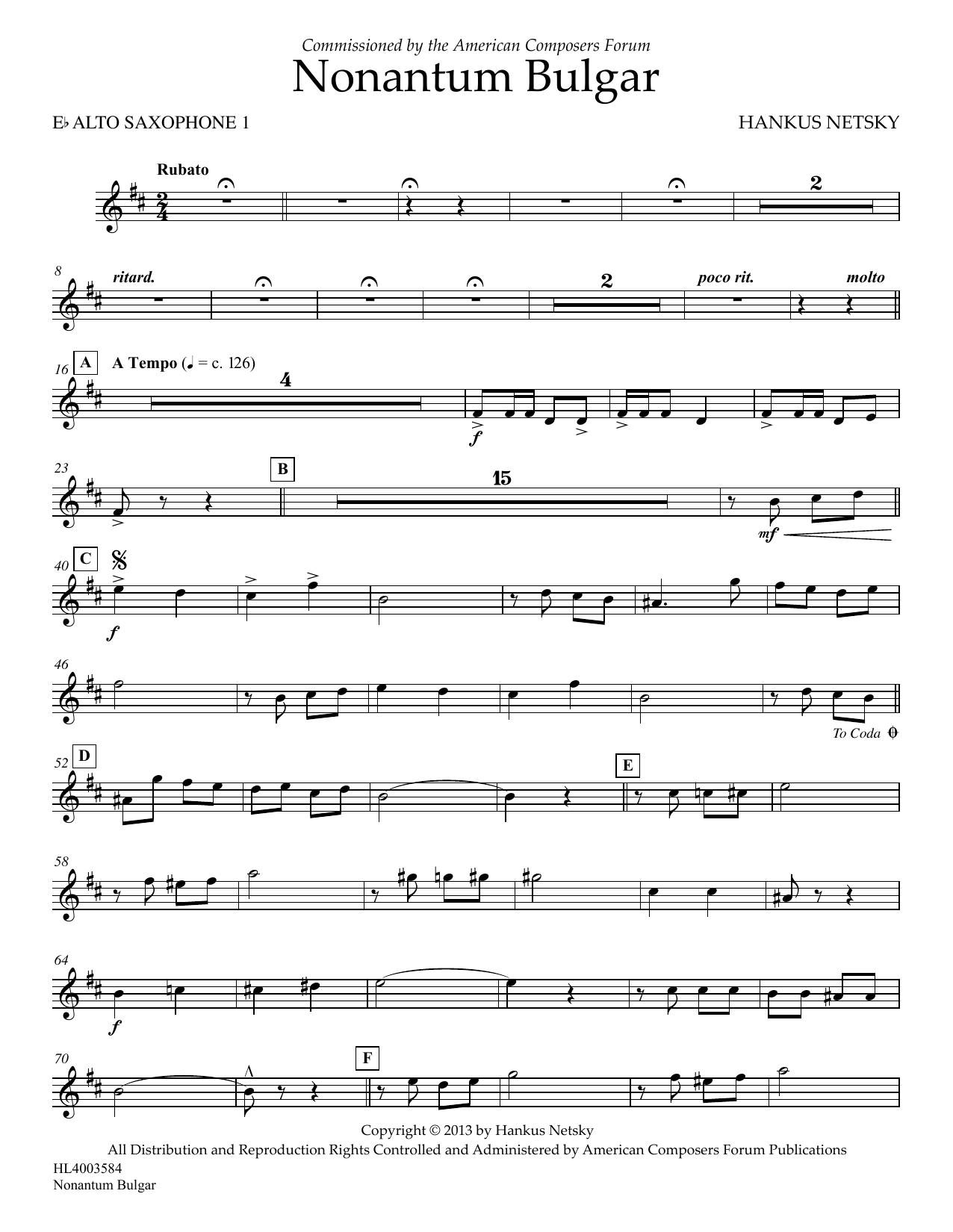 Hankus Netsky Nonantum Bulgar - Eb Alto Saxophone 1 Sheet Music Notes & Chords for Concert Band - Download or Print PDF