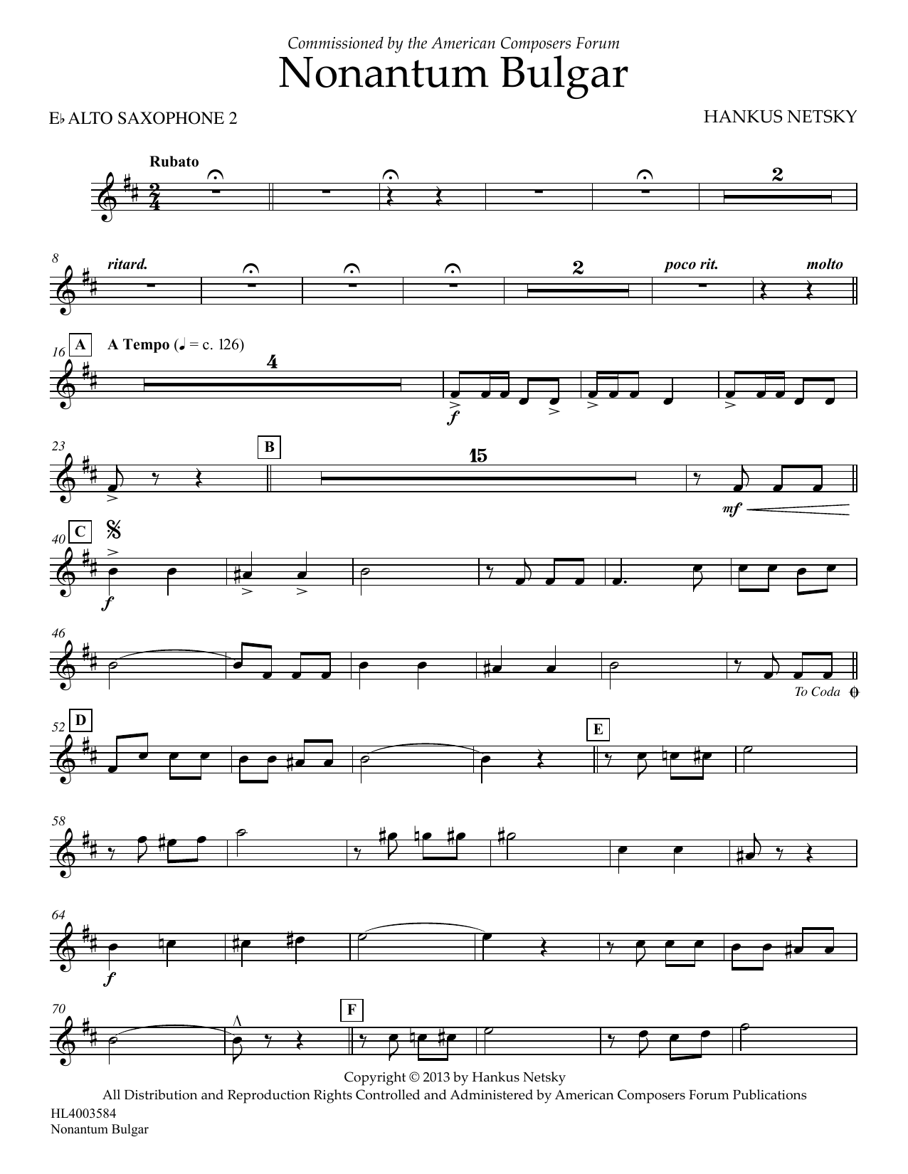Hankus Netsky Nonantum Bulgar - Eb Alto Saxophone 2 Sheet Music Notes & Chords for Concert Band - Download or Print PDF