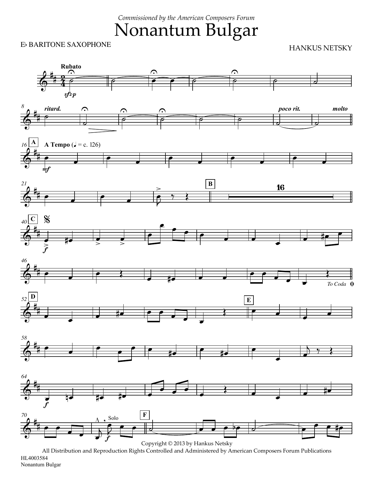 Hankus Netsky Nonantum Bulgar - Eb Baritone Saxophone Sheet Music Notes & Chords for Concert Band - Download or Print PDF