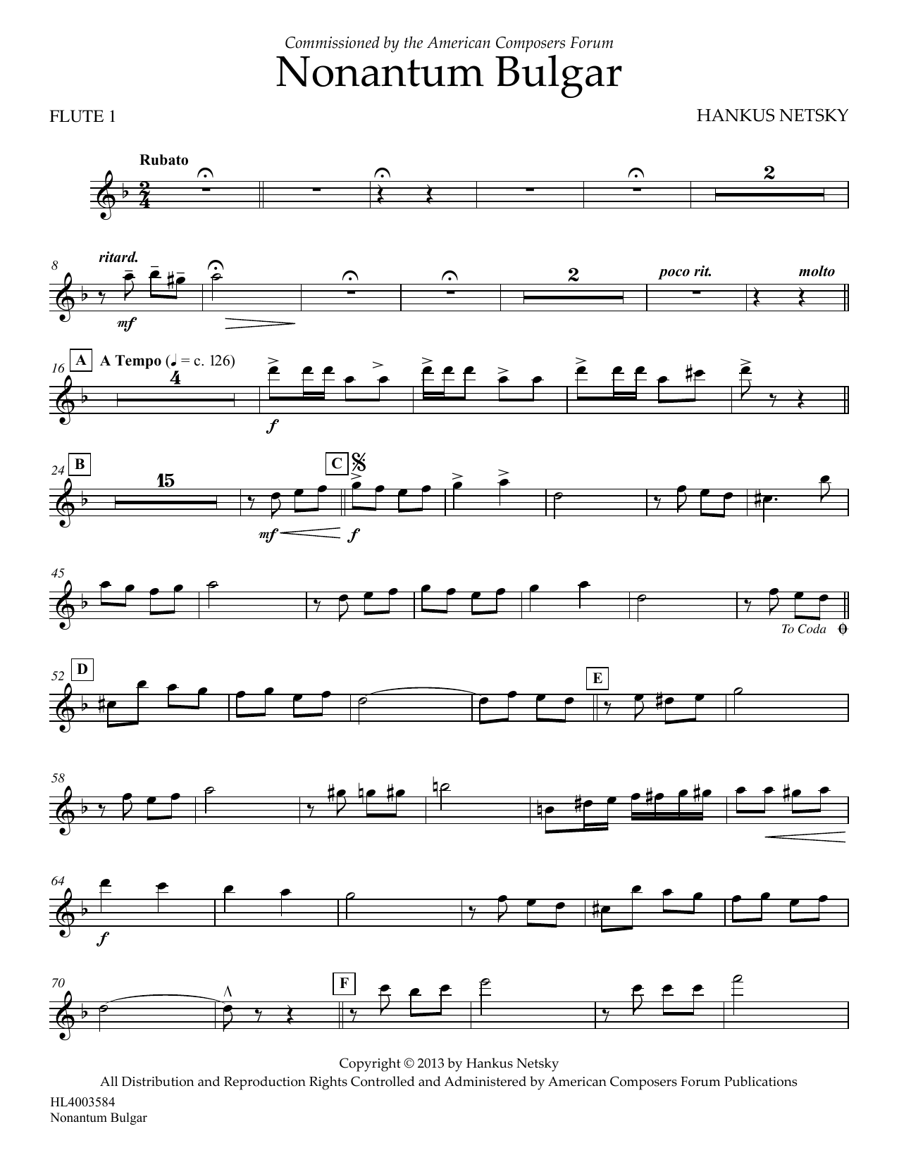 Hankus Netsky Nonantum Bulgar - Flute 1 Sheet Music Notes & Chords for Concert Band - Download or Print PDF