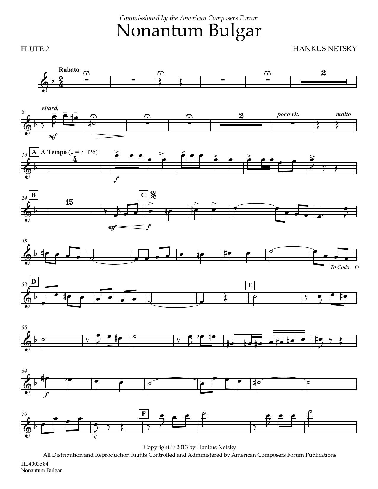 Hankus Netsky Nonantum Bulgar - Flute 2 Sheet Music Notes & Chords for Concert Band - Download or Print PDF