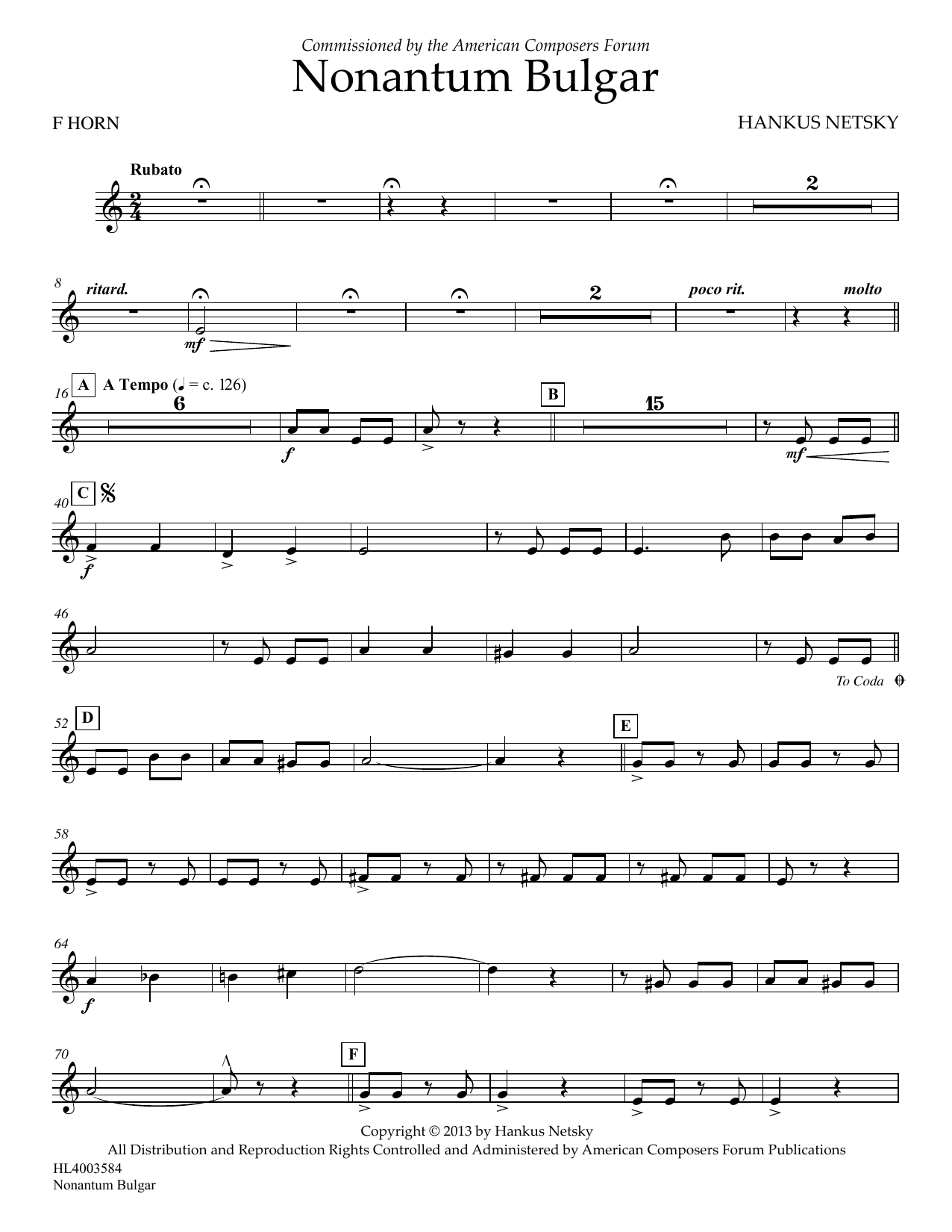 Hankus Netsky Nonantum Bulgar - FRENCH HORN Sheet Music Notes & Chords for Concert Band - Download or Print PDF