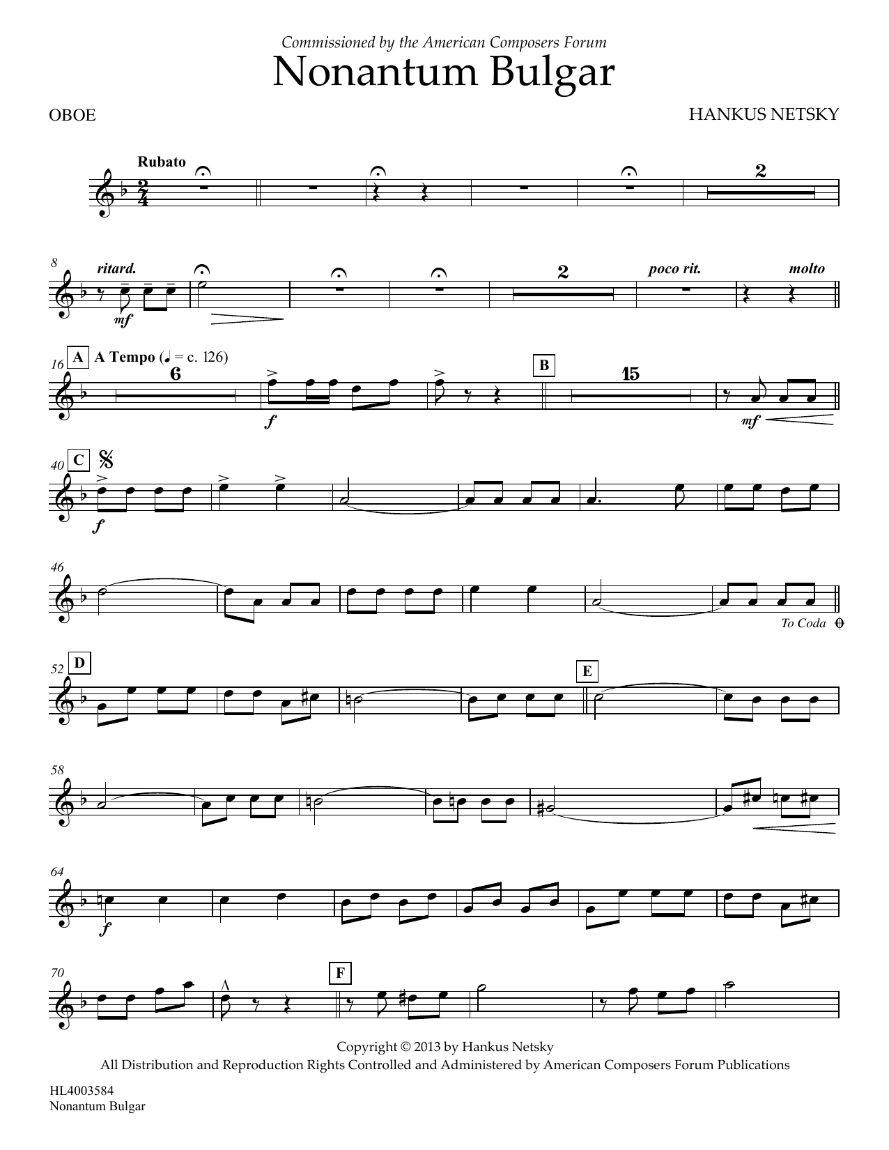 Hankus Netsky Nonantum Bulgar - Oboe Sheet Music Notes & Chords for Concert Band - Download or Print PDF
