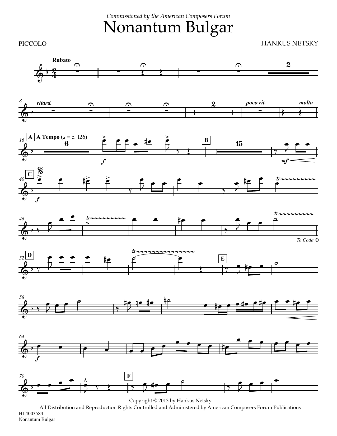 Hankus Netsky Nonantum Bulgar - Piccolo Sheet Music Notes & Chords for Concert Band - Download or Print PDF