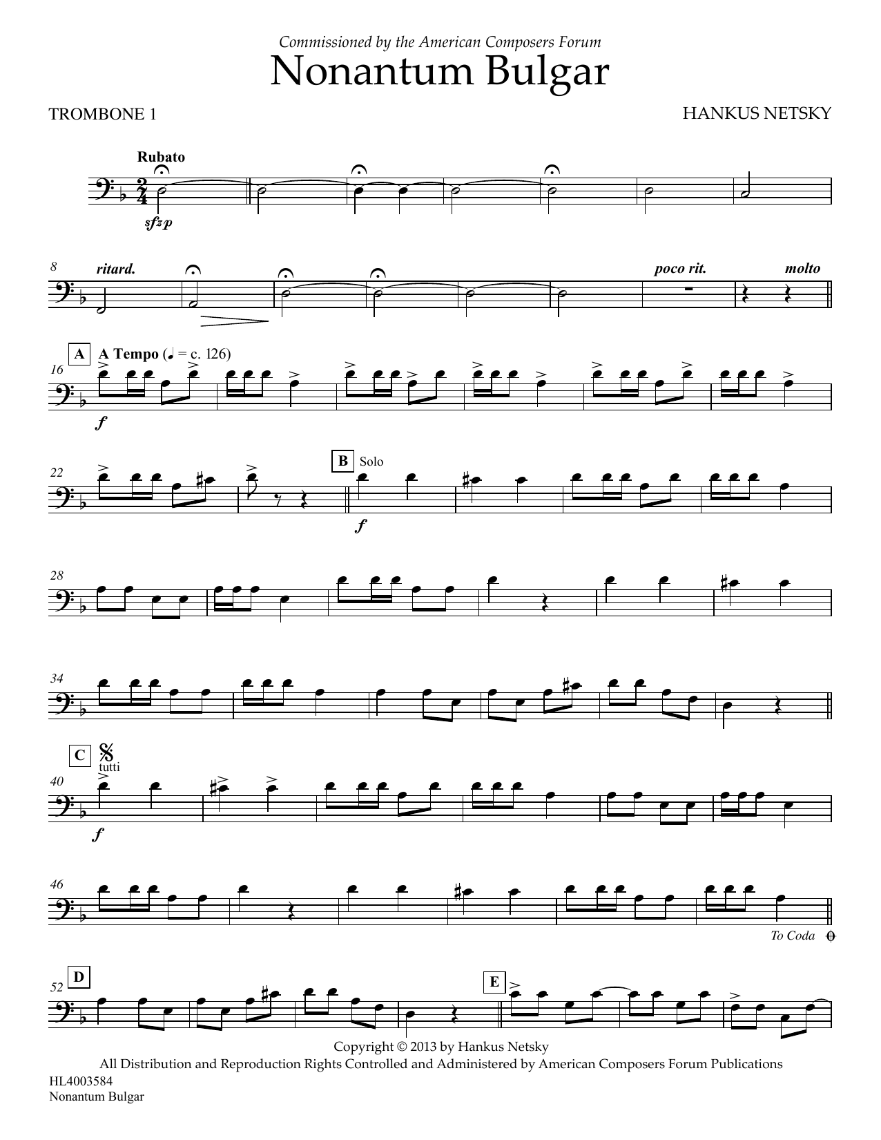 Hankus Netsky Nonantum Bulgar - Trombone 1 Sheet Music Notes & Chords for Concert Band - Download or Print PDF