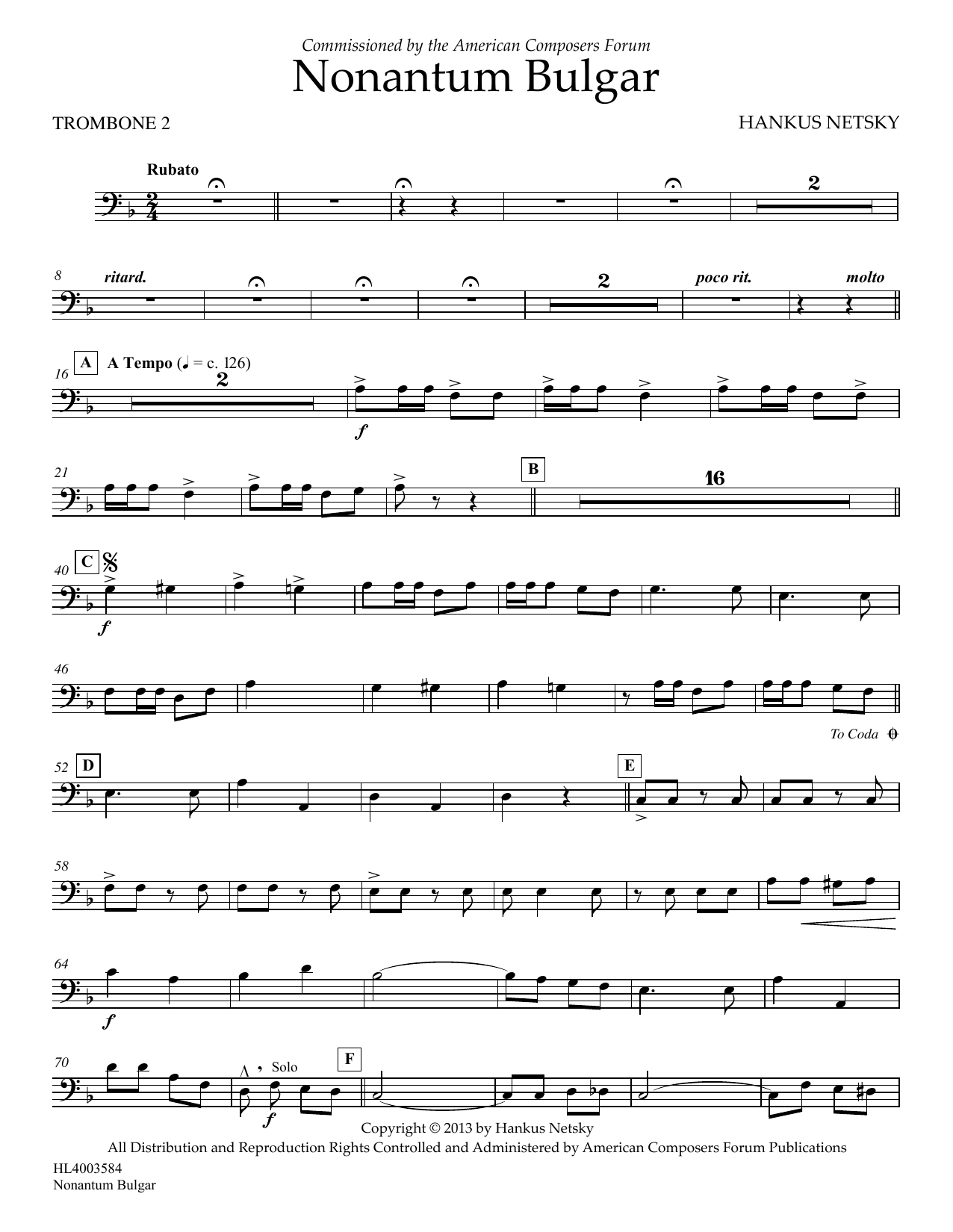 Hankus Netsky Nonantum Bulgar - Trombone 2 Sheet Music Notes & Chords for Concert Band - Download or Print PDF