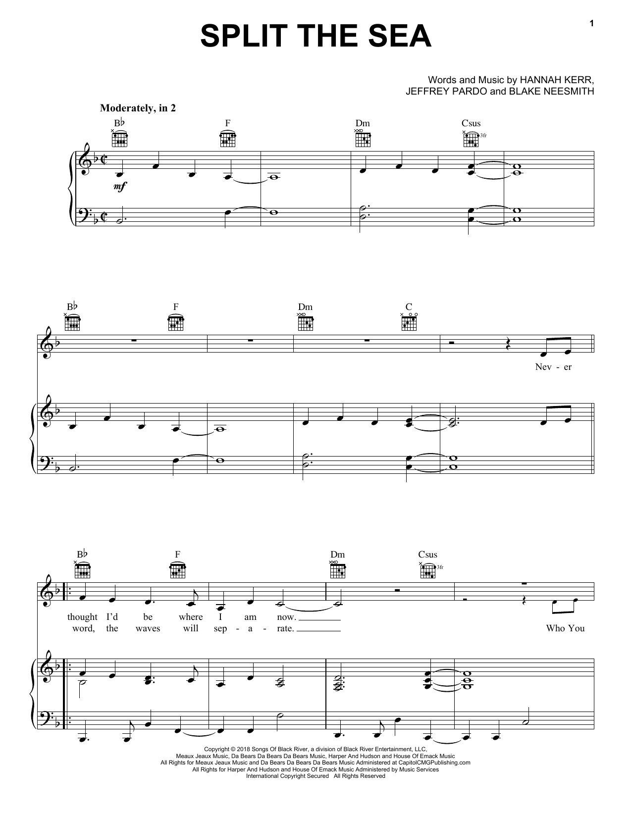 Hannah Kerr Split The Sea Sheet Music Notes & Chords for Piano, Vocal & Guitar (Right-Hand Melody) - Download or Print PDF