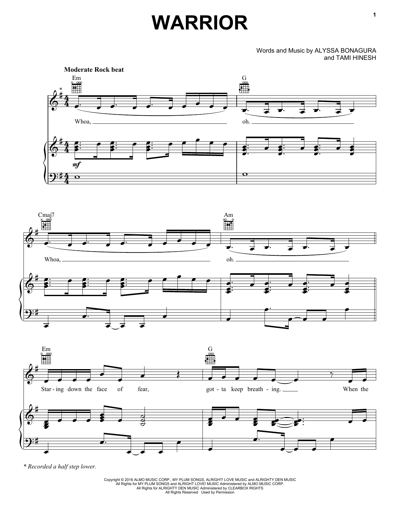 Hannah Kerr Warrior Sheet Music Notes & Chords for Piano, Vocal & Guitar (Right-Hand Melody) - Download or Print PDF