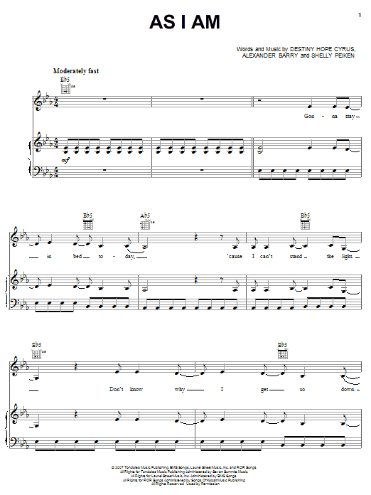 Hannah Montana As I Am Sheet Music Notes & Chords for Piano (Big Notes) - Download or Print PDF