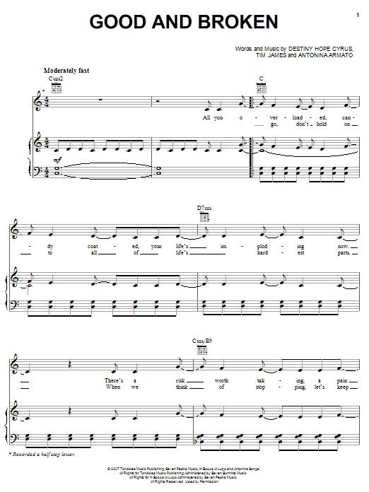 Hannah Montana Good And Broken Sheet Music Notes & Chords for Easy Guitar Tab - Download or Print PDF