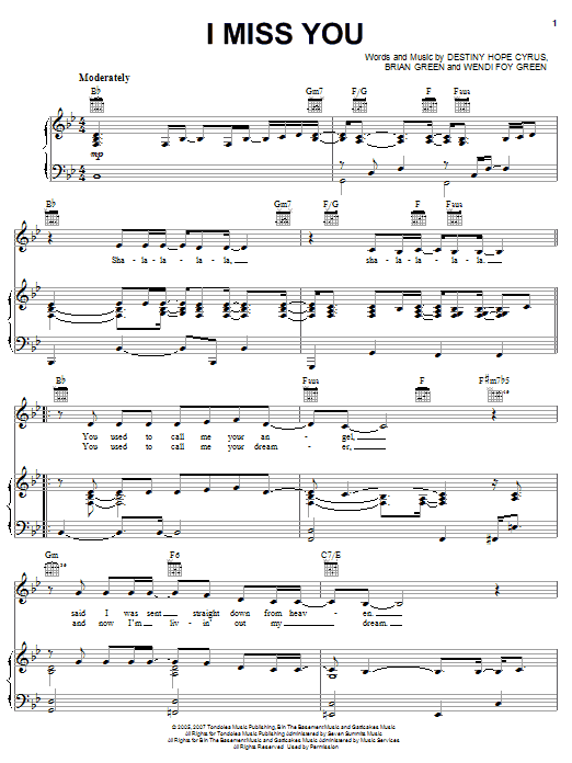 Preview Hannah Montana I Miss You Pop sheet music, notes and chords for Piano (Big Notes), SKU: 63943 I Miss You sheet music