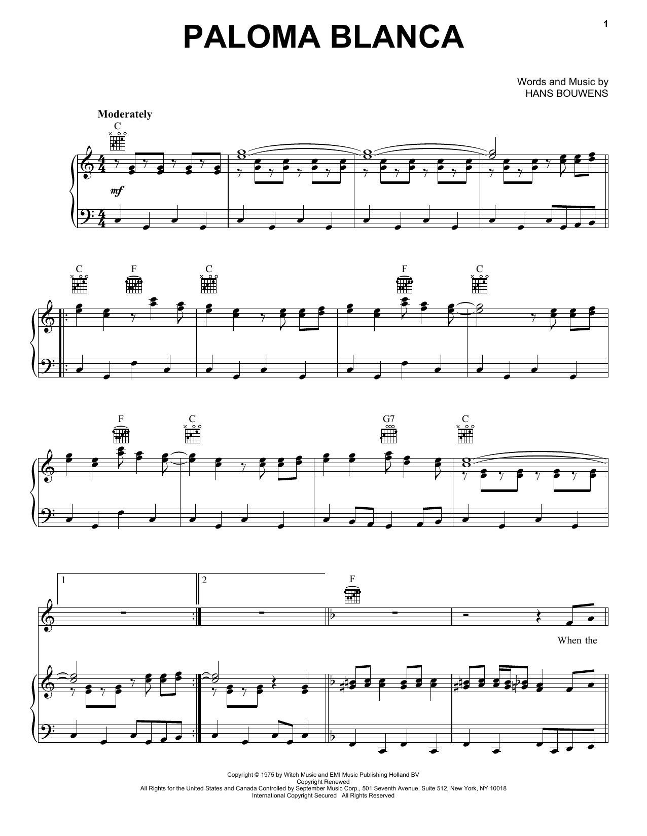 Hans Bouwens Paloma Blanca Sheet Music Notes & Chords for Piano, Vocal & Guitar (Right-Hand Melody) - Download or Print PDF