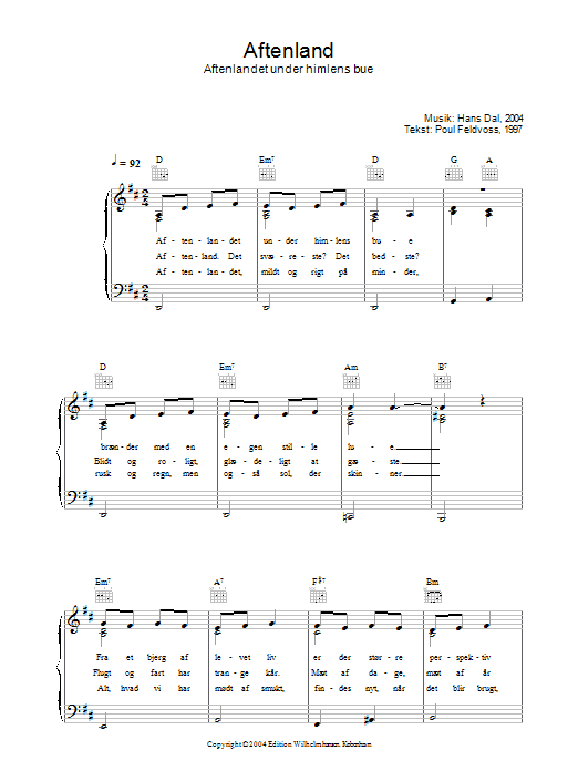 Hans Dal Aftenland - Aftenlandet Under Himlens Bue Sheet Music Notes & Chords for Piano, Vocal & Guitar (Right-Hand Melody) - Download or Print PDF Hans Dal Aftenland - Aftenlandet Under Himlens Bue Sheet Music Notes & Chords for Piano, Vocal & Guitar (Right-Hand Melody) - Download or Print PDF