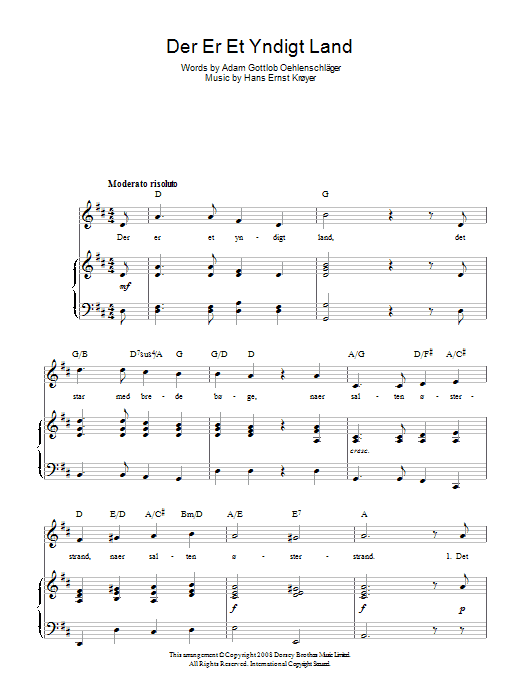 Hans Ernst Kroyer Der Er Et Yndigt Land (Danish National Anthem) Sheet Music Notes & Chords for Piano, Vocal & Guitar (Right-Hand Melody) - Download or Print PDF
