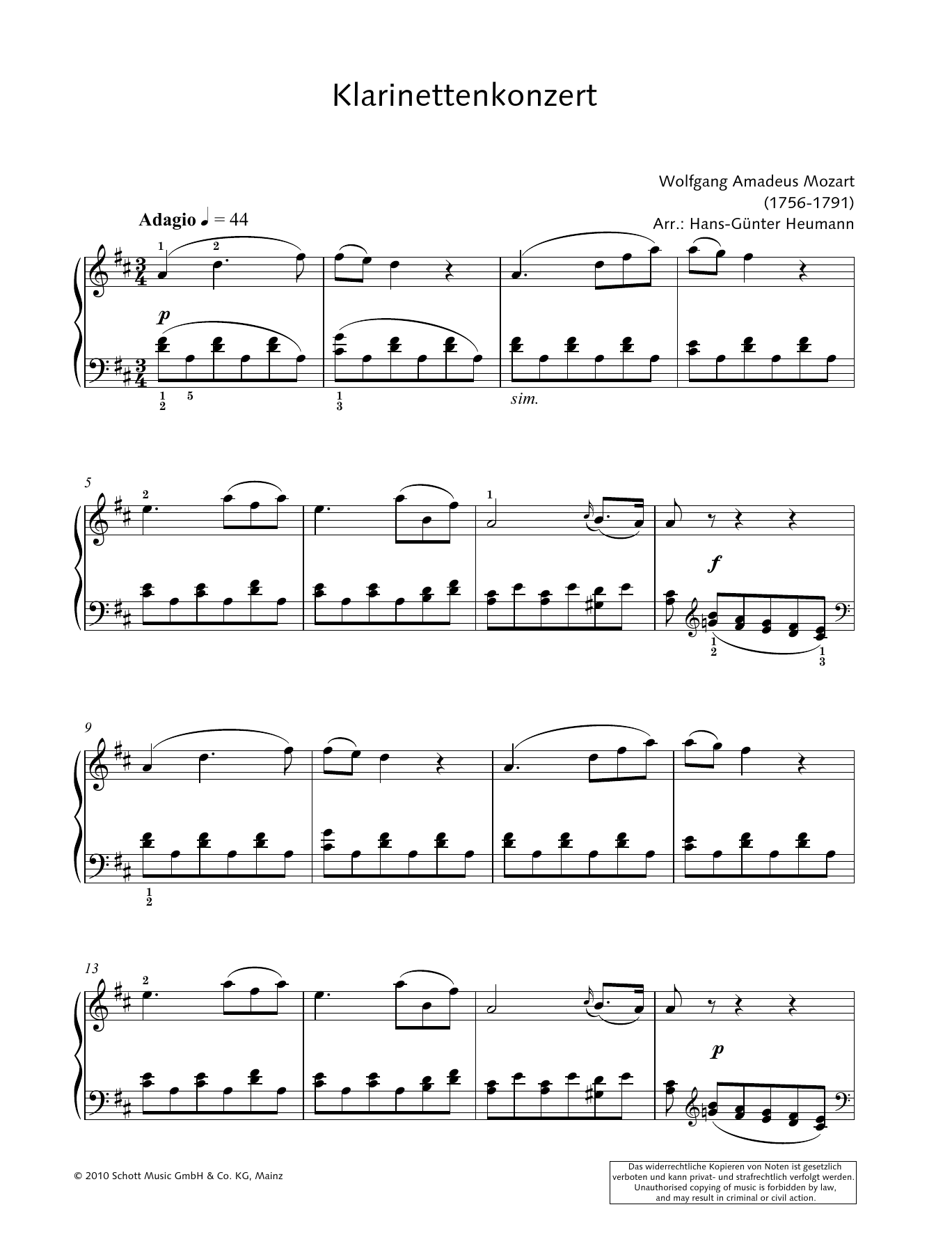 Hans-Gunter Heumann Concerto for Clarinet and Orchestra in A major Sheet Music Notes & Chords for Piano Solo - Download or Print PDF
