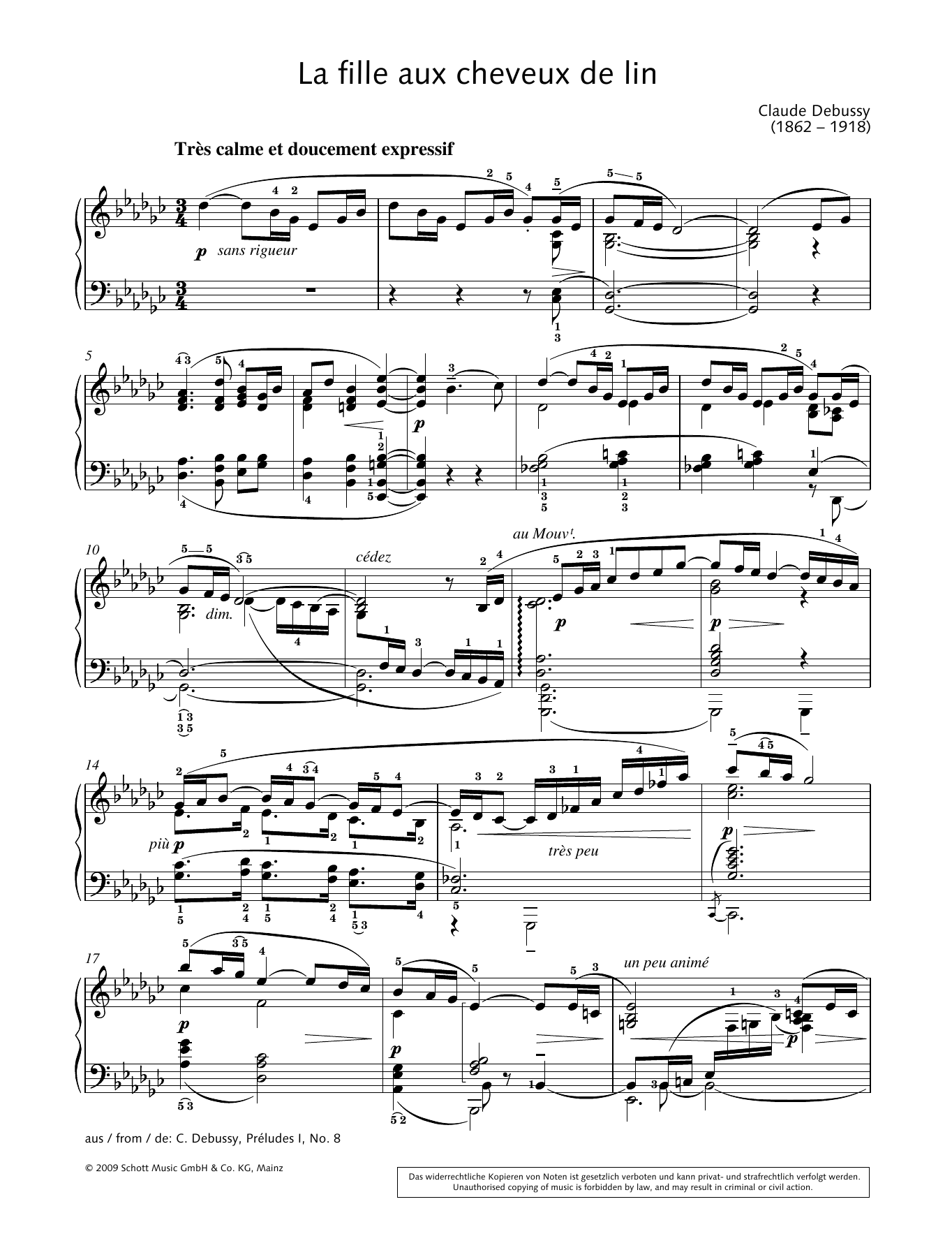 Hans-Gunter Heumann La Fille aux cheveux de lin Sheet Music Notes & Chords for Piano Solo - Download or Print PDF