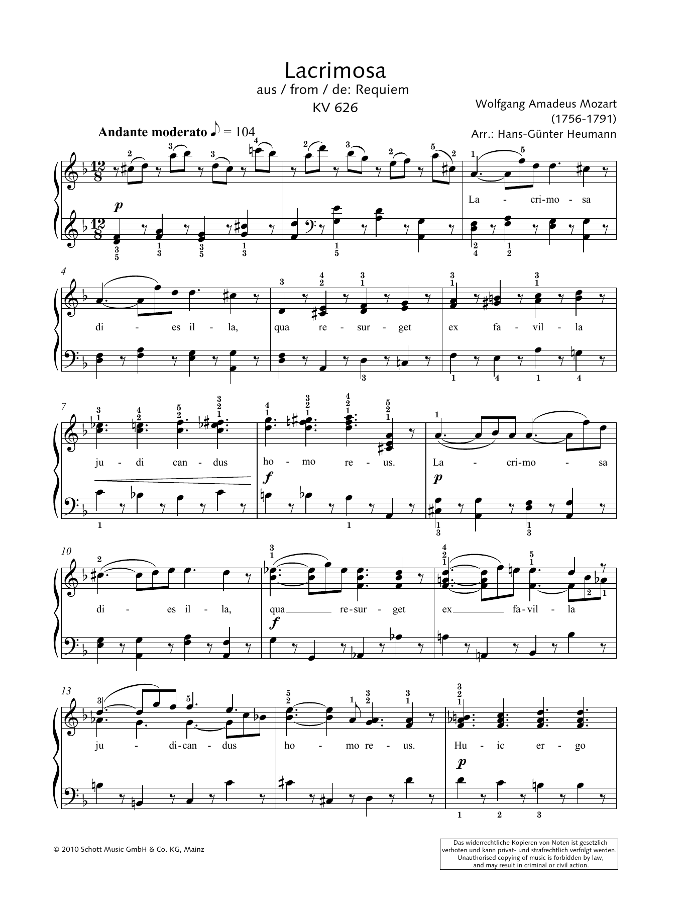 Hans-Gunter Heumann Lacrimosa Sheet Music Notes & Chords for Piano Solo - Download or Print PDF