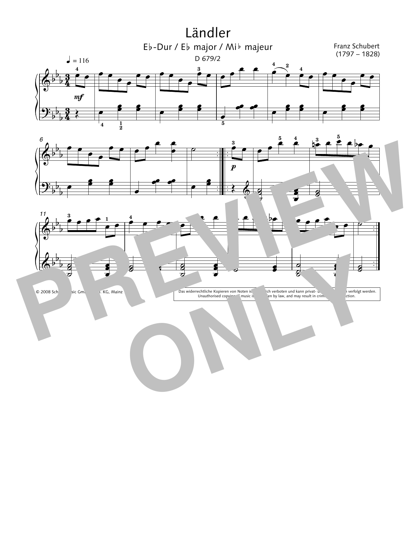 Hans-Gunter Heumann Ländler in E-flat major Sheet Music Notes & Chords for Piano Solo - Download or Print PDF