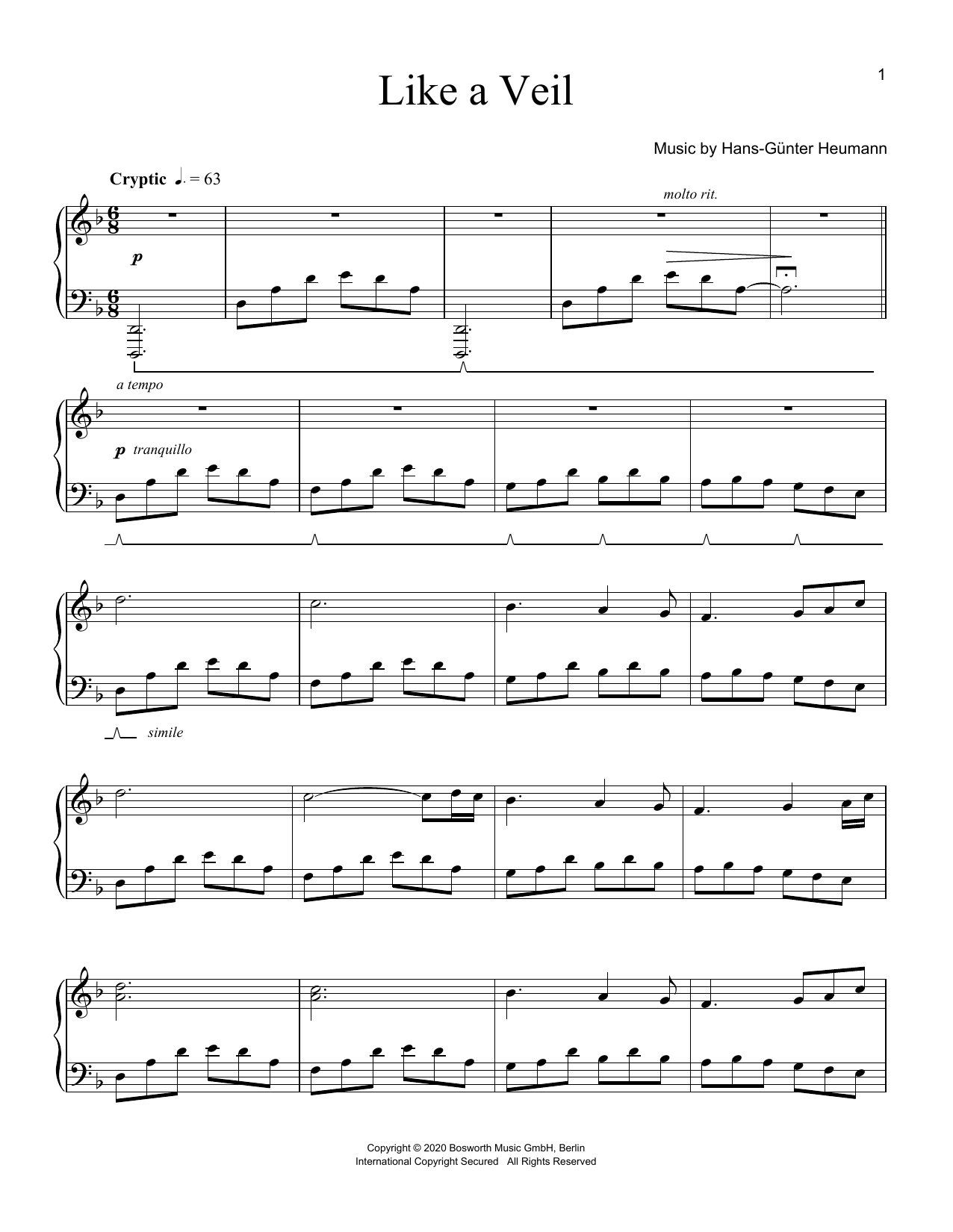 Hans-Günter Heumann Like A Veil Sheet Music Notes & Chords for Piano Solo - Download or Print PDF