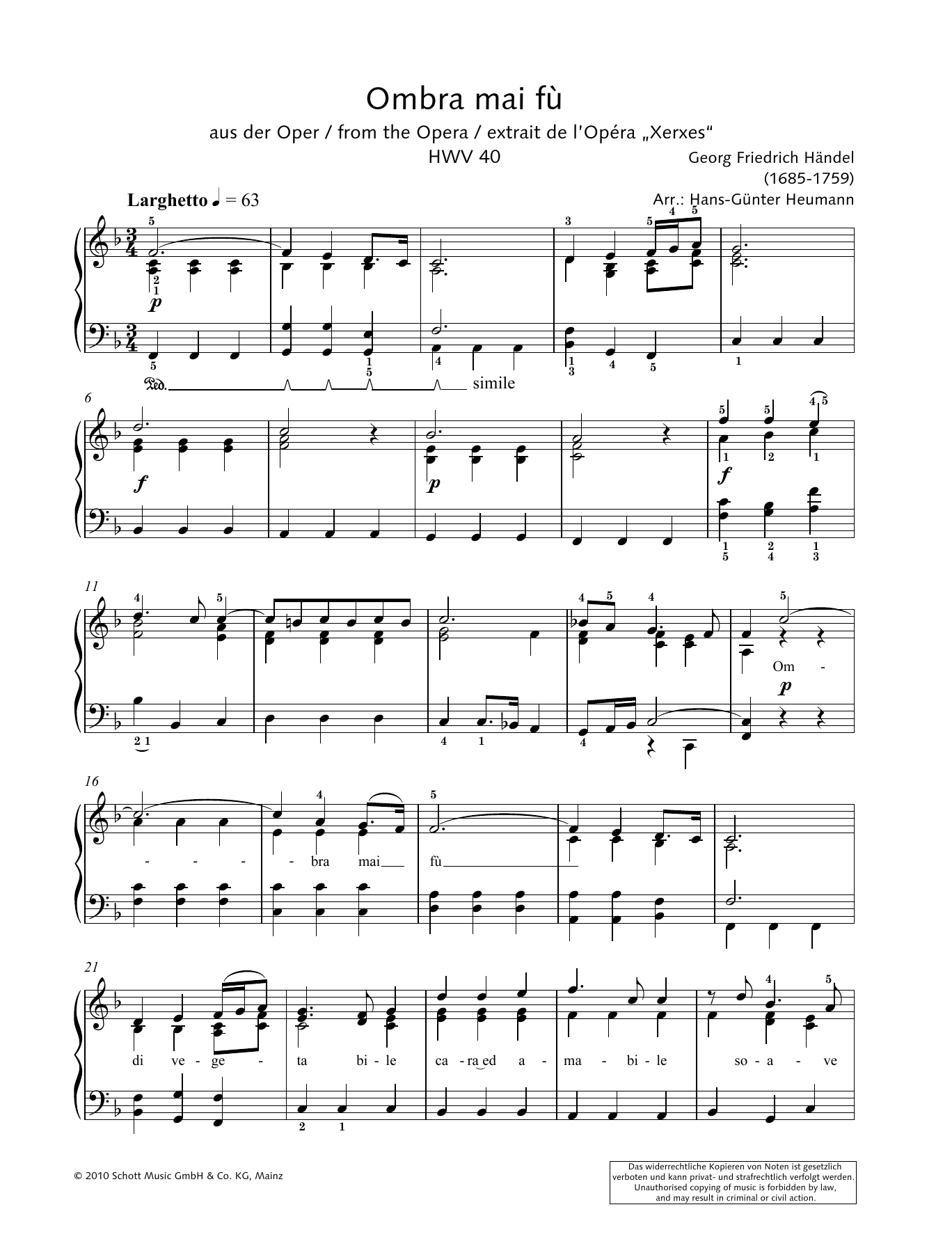Hans-Gunter Heumann Ombra mai fu Sheet Music Notes & Chords for Piano Solo - Download or Print PDF