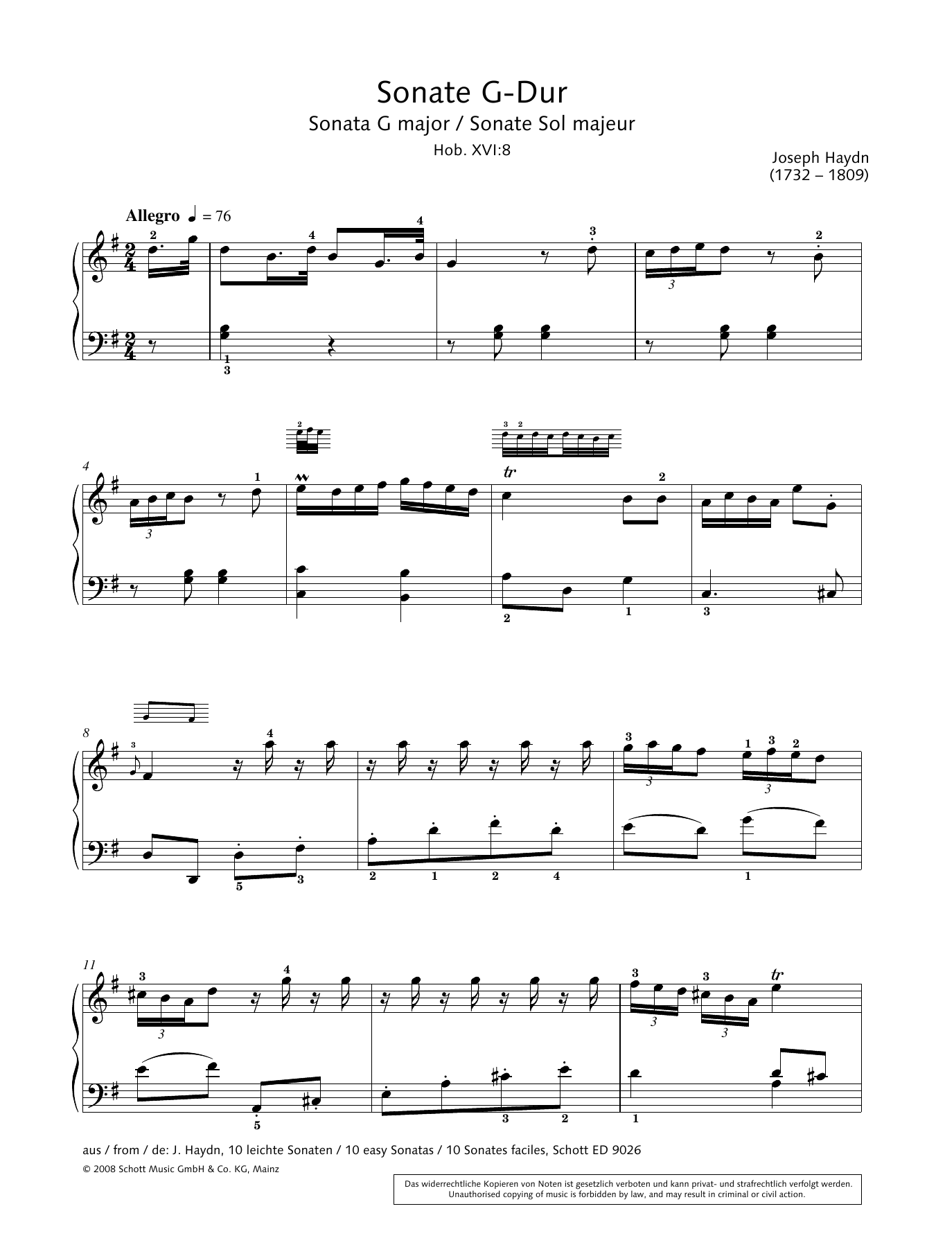 Hans-Gunter Heumann Sonata in G Major Sheet Music Notes & Chords for Piano Solo - Download or Print PDF