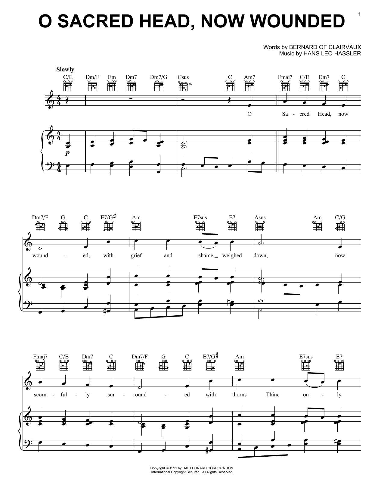 Hans Leo Hassler O Sacred Head, Now Wounded Sheet Music Notes & Chords for Piano, Vocal & Guitar Chords (Right-Hand Melody) - Download or Print PDF