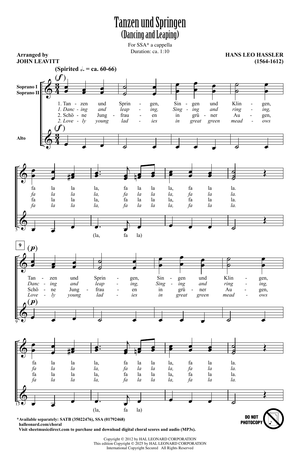 Hans Leo Hassler Tanzen Und Springen (Dancing And Leaping) (arr. John Leavitt) Sheet Music Notes & Chords for SSA Choir - Download or Print PDF