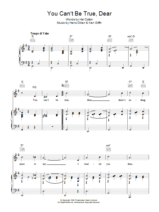 Hans Otten You Can't Be True Dear Sheet Music Notes & Chords for Piano, Vocal & Guitar (Right-Hand Melody) - Download or Print PDF
