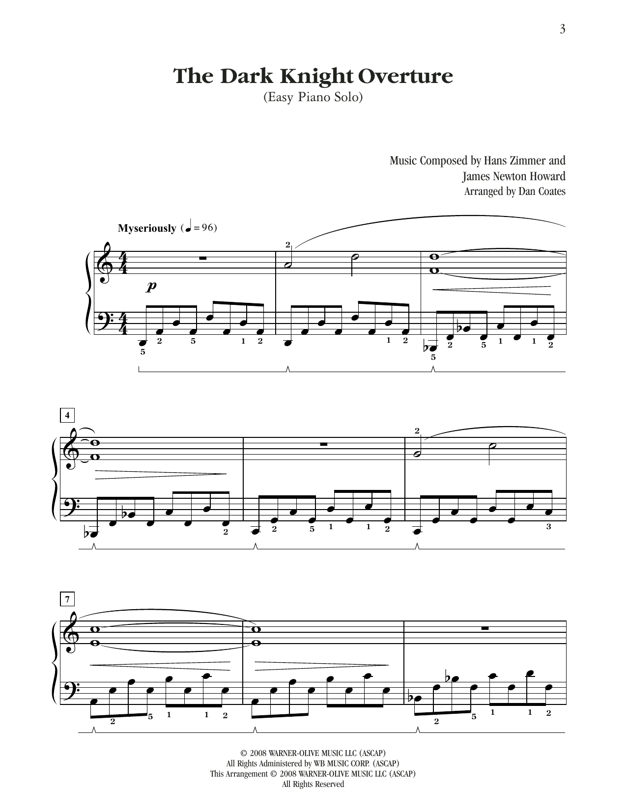 Hans Zimmer & James Newton Howard The Dark Knight Overture (from The Dark Knight) (arr. Dan Coates) Sheet Music Notes & Chords for Easy Piano - Download or Print PDF