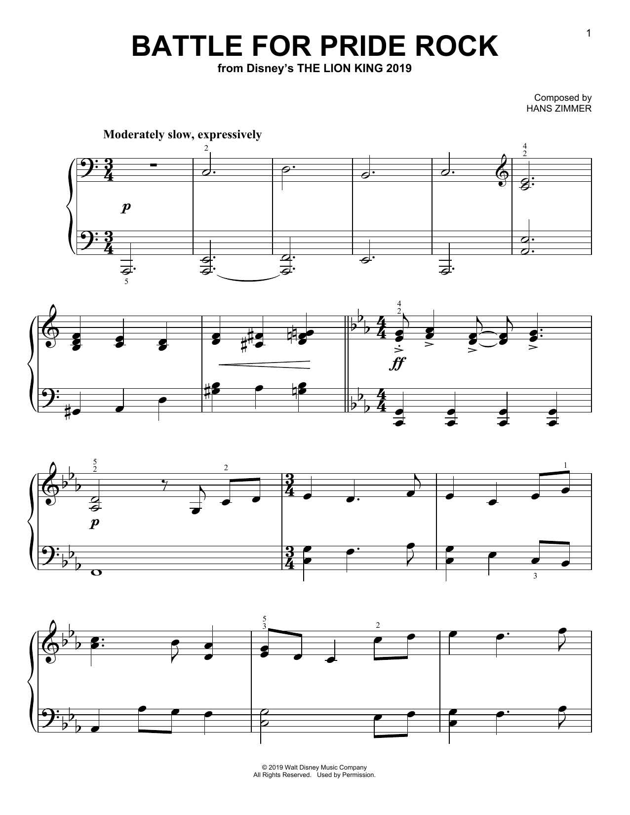 Hans Zimmer Battle For Pride Rock (from The Lion King 2019) Sheet Music Notes & Chords for Big Note Piano - Download or Print PDF