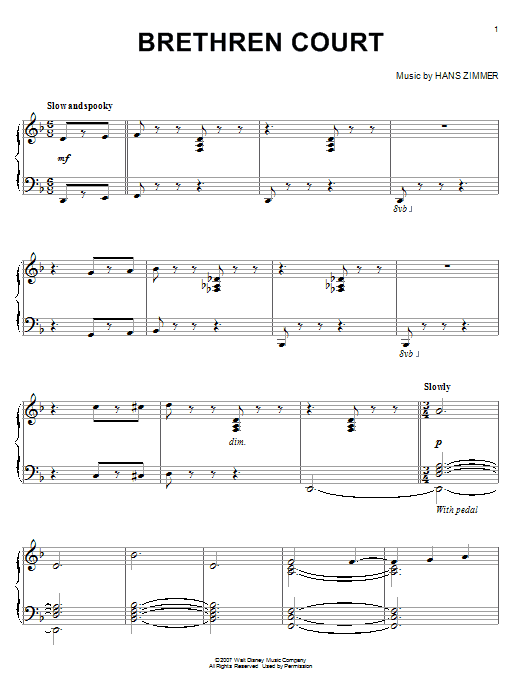 Hans Zimmer Brethren Court (from Pirates Of The Caribbean: At World's End) Sheet Music Notes & Chords for Easy Piano - Download or Print PDF